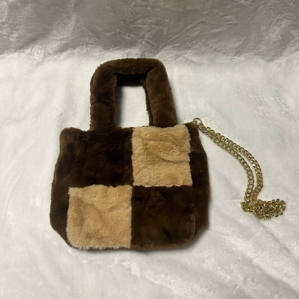 ASOS design Brown plush faux fur small chain shoulder bag purse handbag